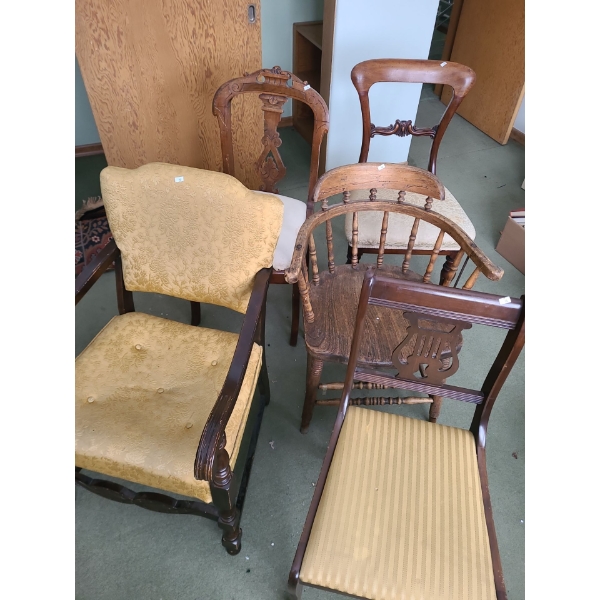 Grouping of 5 Wooden Chairs, Yellow Upholstered Chair on Seat and Back  33 T, 21 L, 17 W