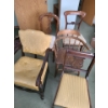 Grouping of 5 Wooden Chairs, Yellow Upholstered Chair on Seat and Back  33 T, 21 L, 17 W