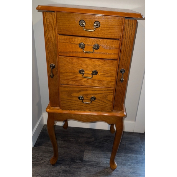 Oak Jewelry Armoire w/Four Drawers & Side Compartments-Jewelry Organized 43"t