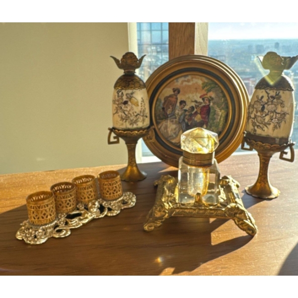 Antique Sevres Porcelain Urns On Ormolu Base w/ Lipstick Keep Brass Inkwell & More