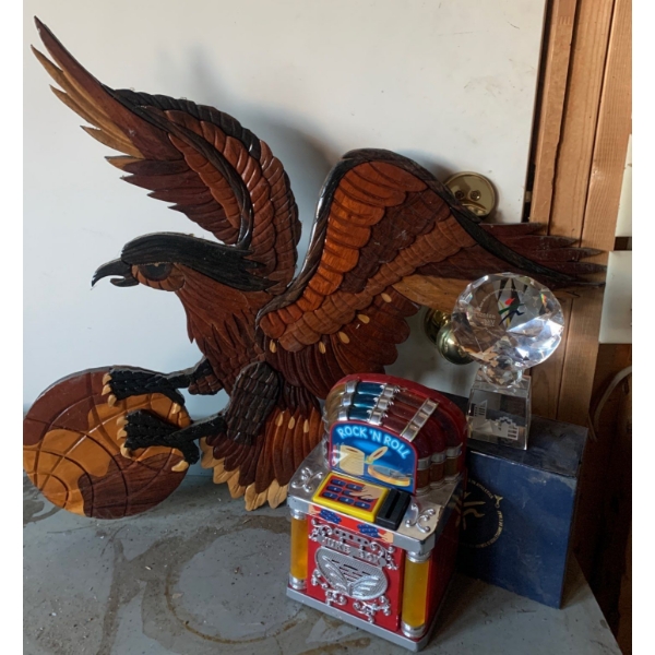 Hand Carved Eagle w/ Mini Juke Box & Crystal Trophy 16T