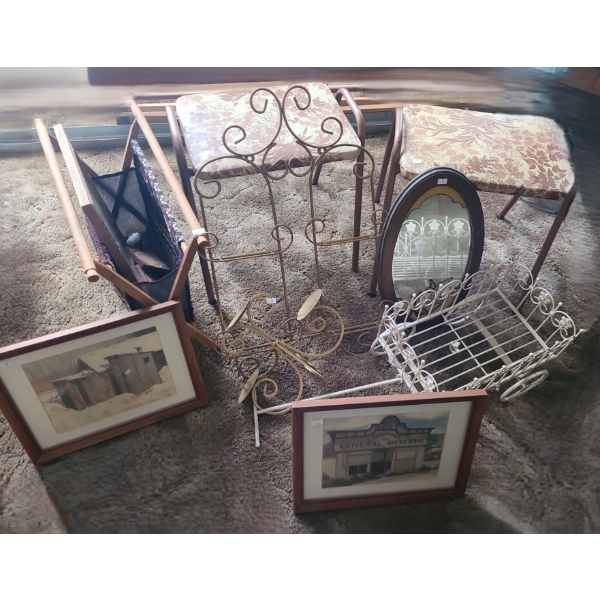 Household Items Including Stool: 17 W, 12 D, 18 T, Decor Wagon, Magazine Holder, Mirror, and More!