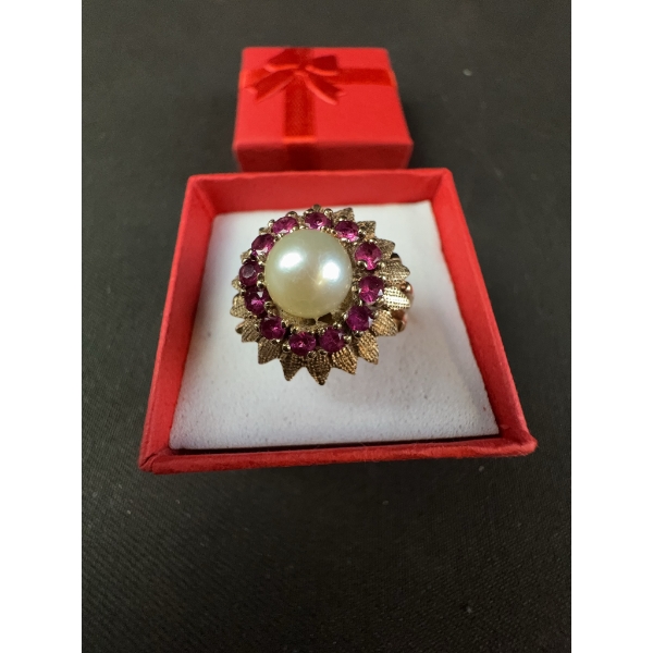 10k Stamped Pearl and Ruby Ring