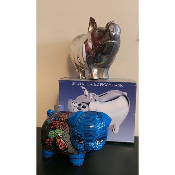 Coin Collection Vessels - Silver Plated Piggy Bank 10L w/ Ceramic Peruvian Bank