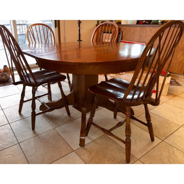 Antique Oak Windsor Back Dining Table & Chairs - Round Or Oval 62 x 42 x 29T