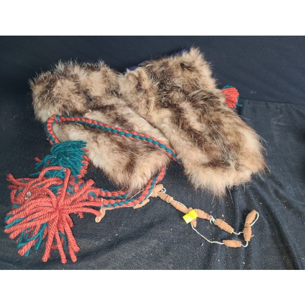 Fur Mittens w/ Yarn Attachments- Adult Sized, Length From Top to Tip 13"  