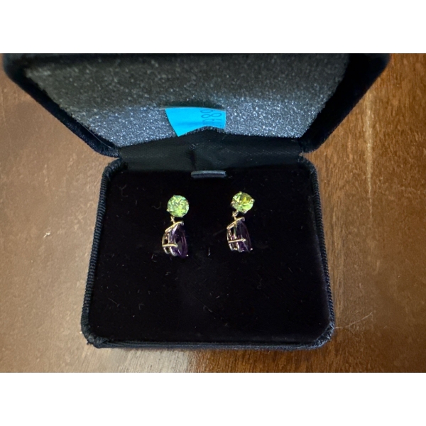 Yellow Gold 10K Stamped Earrings, Purple & Green Stones, Weighs 1.40g 