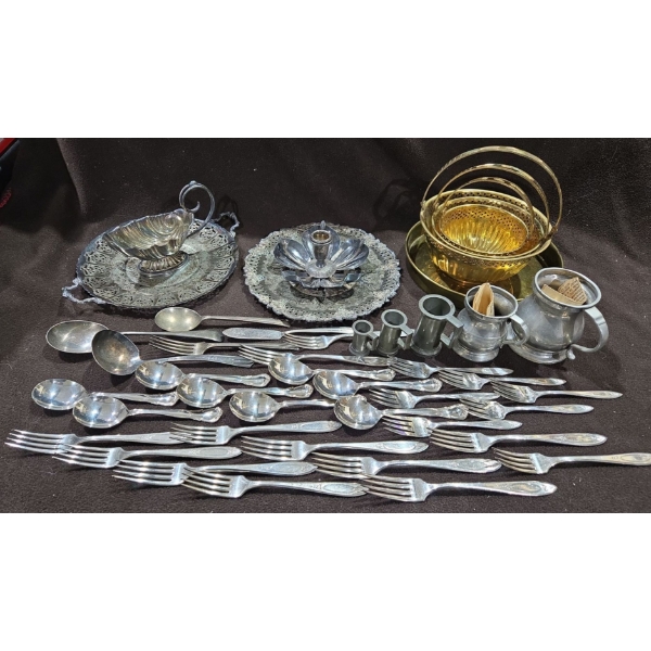 Pewter Mini Mugs + Silver Plated Cutlery/Serving Ware & More