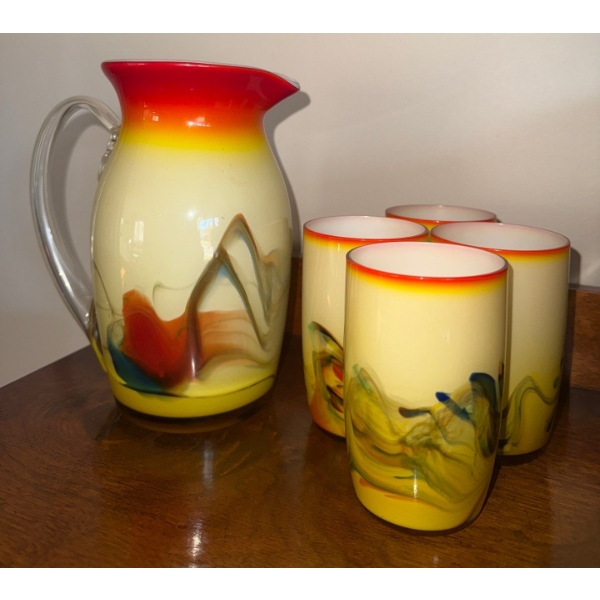 Mid Century Art Glass Pitcher & Glasses by the Dalian Glass Co (1960's)