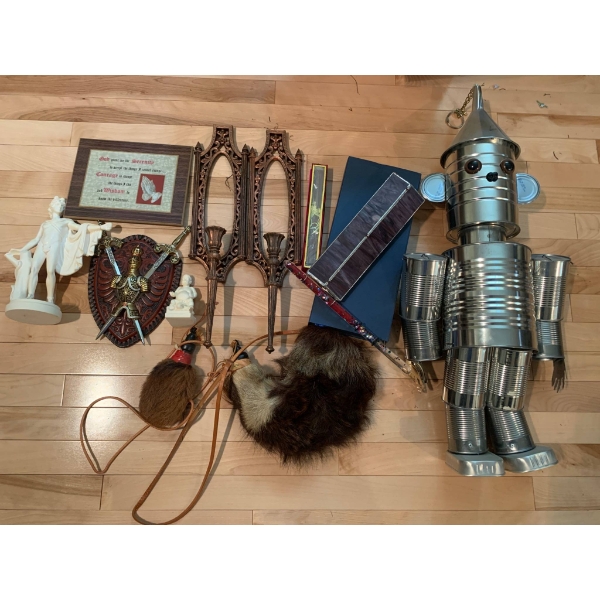 Handmade Tin Can Robot, Stained Glass Prismatic Wand, Pair Leather/Fur Water Canteens, Figurines