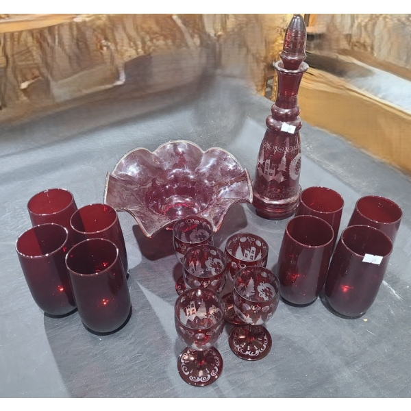 Red Glassware Inclu: Scalloped Edge Bowl 10" Diameter, Wine Glasses, Decanter, Glasses