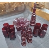 Image 1 : Red Glassware Inclu: Scalloped Edge Bowl 10" Diameter, Wine Glasses, Decanter, Glasses