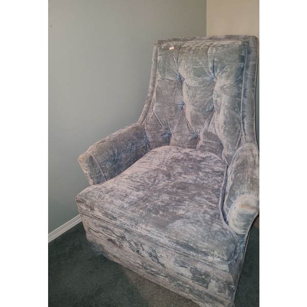 Vintage Light Blue Velour Rocker Chair 31 W, 29 D, 34 T 
