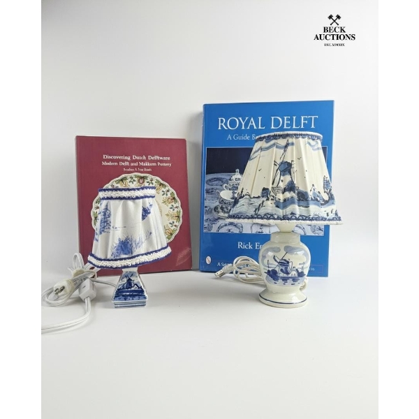 Vintage Delft Pottery Lamps Featuring Traditional Blue And White Windmill Scenes And Matching Shades