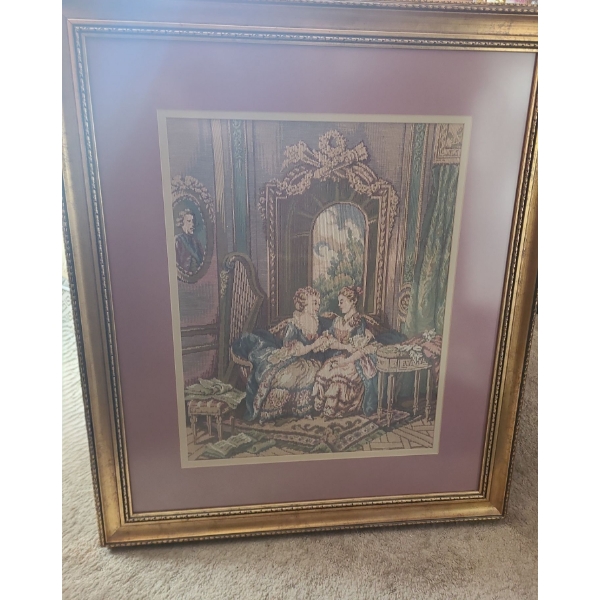 Framed Tapestry Style of Ladies in Parlour Scene 36 X 41