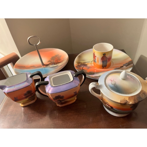  Vintage Hand Painted Noritake Trinket, Ring, Jewelry Dish With Center Handle creamer pot 2 teacups 