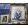 Image 1 : Original Ray Joseph Painting of Flowers in Vase w Ornate Gold Frame & Paul Peel Print 10 w, 11 h