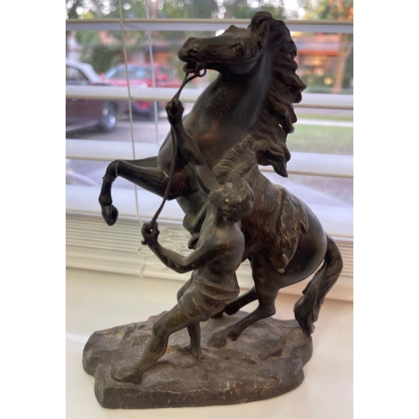 Spelter Marley Black Horse - Iron Stallion Sculpture w/ Metal Buddah & Coaster