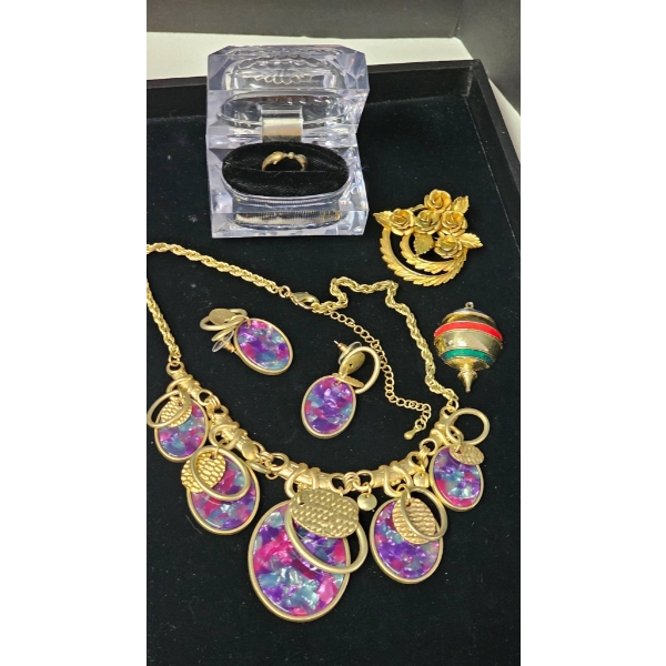 Gold-Tone Costume Jewelry with Necklace, Brooch, Ring, and Pendant