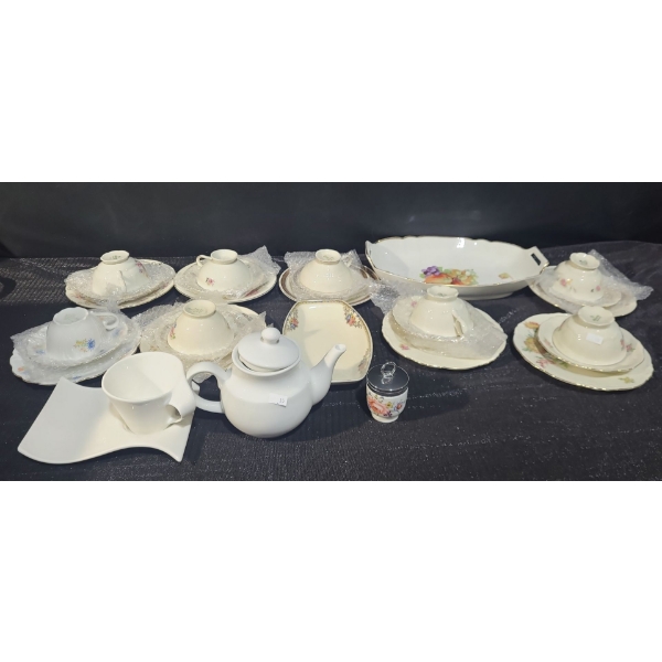 Assorted Teacups and Saucers, Serving Tray w/ Fruit Design 13.5 X 8.5, Covered Egg Cup and More!