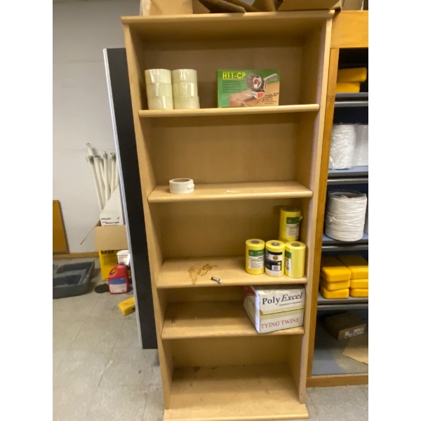 Tall Wooden Shelving Unit with Assorted Packing Supplies