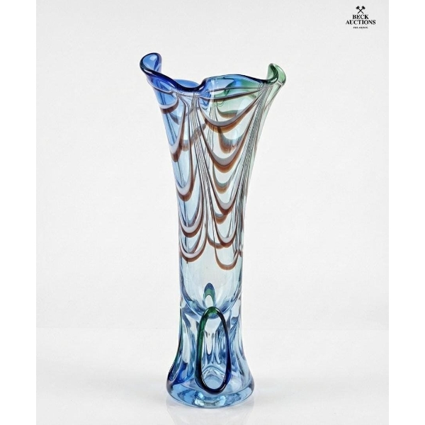 Vintage Hand-Blown Italian Art Glass Vase, Murano Handkerchief Style Vase A Ruffled Rim.16''INCHES H