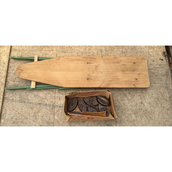 Vintage Wooden Ironing Board with Vintage Irons