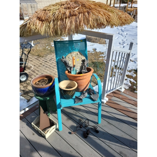Tasselled Beach Umbrella w/ Terra Cot Planter - Bird Feeder - Wind Chime & More