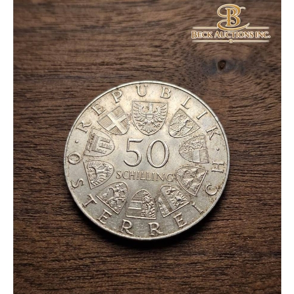 1975 Austria 50 Schilling Coin, 92.5% Silver, 20g