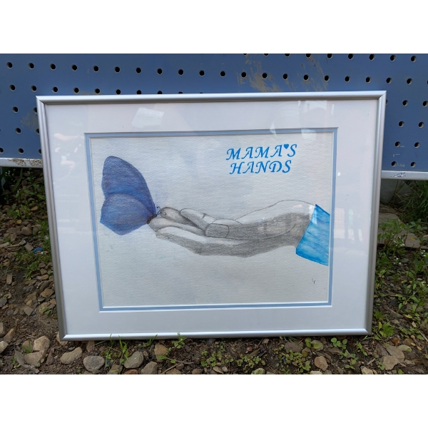 Framed Drawing "Mama's Hands" with Butterfly, Signed