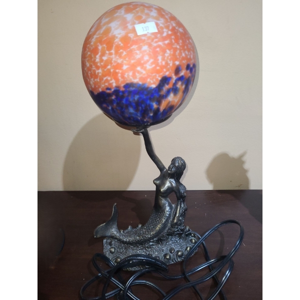 Lamp w/ Mermaid Base and Colorful Glass Globe 3 W, 7 D, 15 T 