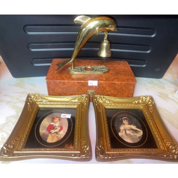 Solid Brass Dolphin Figurine 6T w/ 2 Art Prints Gold Frame 5T & Trinket Box 