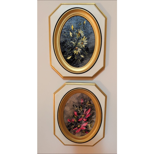Vintage Oil on Board Floral Paintings in Gold Gilt Beveled Frames