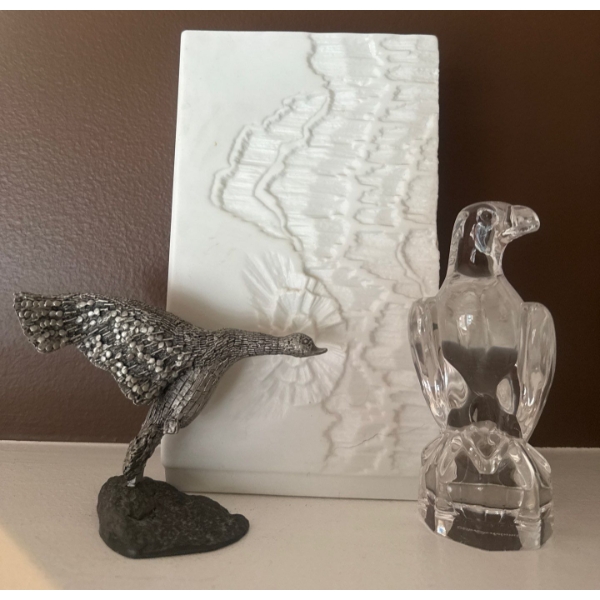 Baccarat Crystal Falcon 10'Tall w/ Kaiser Bisque Rectangular Vase & Pewter Eagle In Flight 