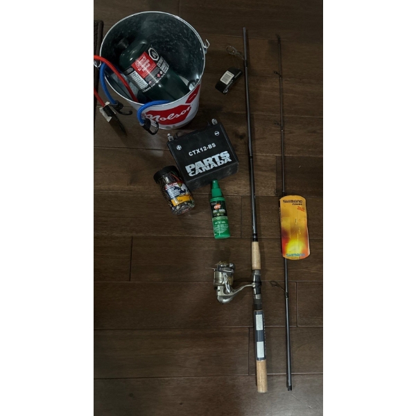 Survivalist Essentials - Fishing Rod Bungee Cords Deet Camp Fuel Quad Battery Metal Bucket & more