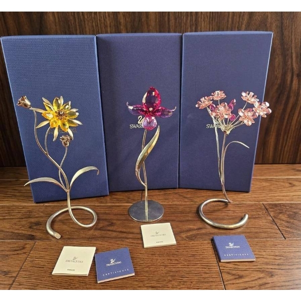Swarovski Crystal Flower Figurines Trio with Original Boxes and Certificates