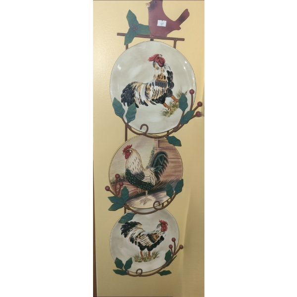 Metal Cardinal Plate Hanger with Chicken Plates 31 L, 9 W 