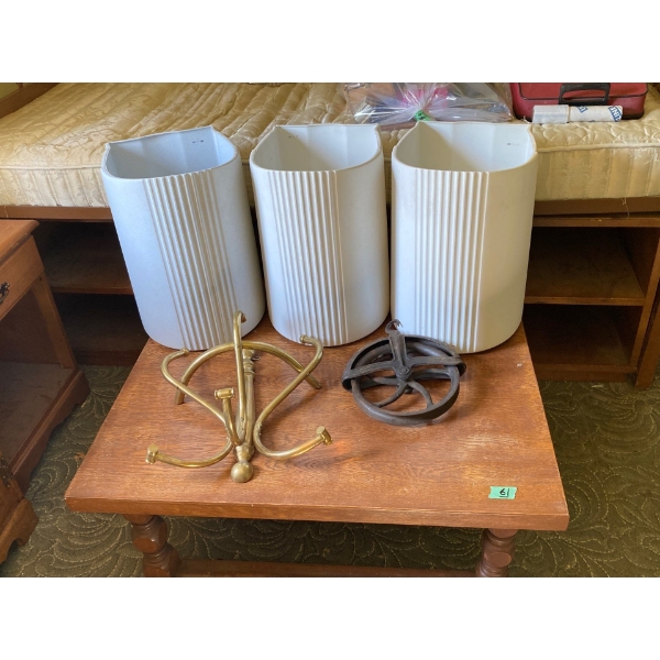 Bass Wall Mounted Coat Rack, Vintage Pully Wheel, and Set of Three Flower Pots