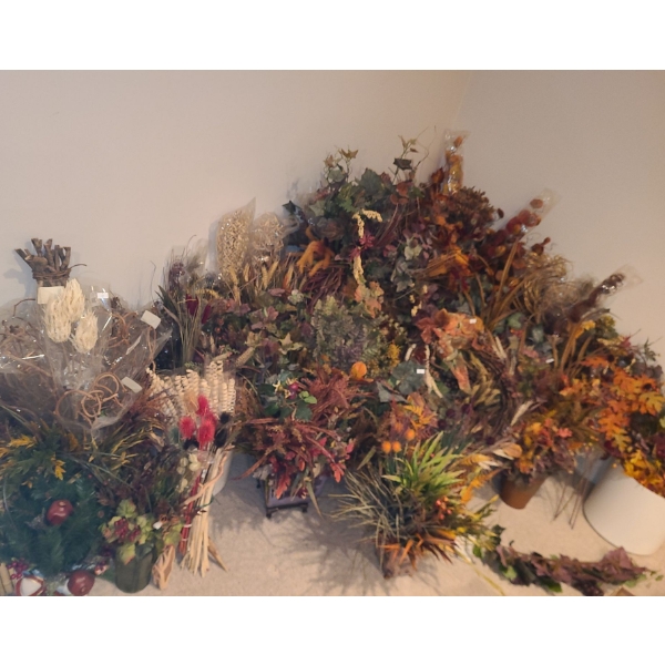Large Assortment of Autumn Artificial Floral Decor, Some Holders Included