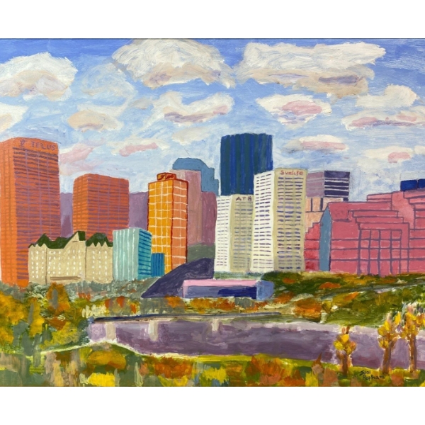 Judi Popham "Edmonton Skyline" Original Acrylic on Board Painting ( Measurements in Pictures)
