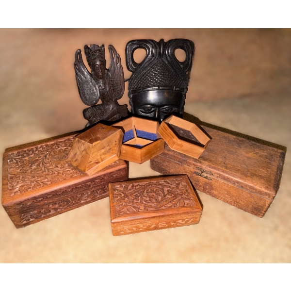 Wooden Carvings: Mask 6.5 x 10 and Figure 4.5 x 10 and Boxes: 5 X 2, 9.5 X 6, 6.5 X 3.5, 9 X 6