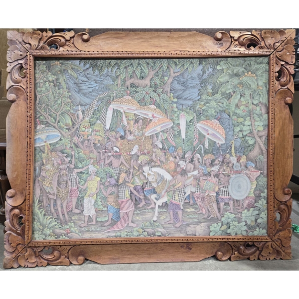 30" X 44" Vintage Framed Tapestry With Hand Carved Wooden Frame