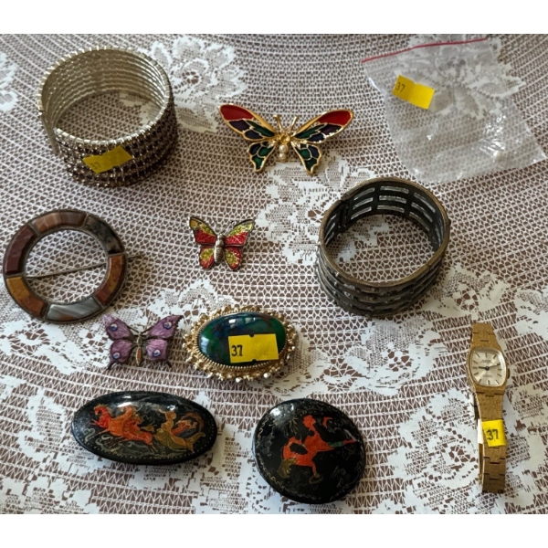 Costume Jewelry Set Including Beautiful 50 Plus Year Old Pins, and a Montine Gold Toned Watch 