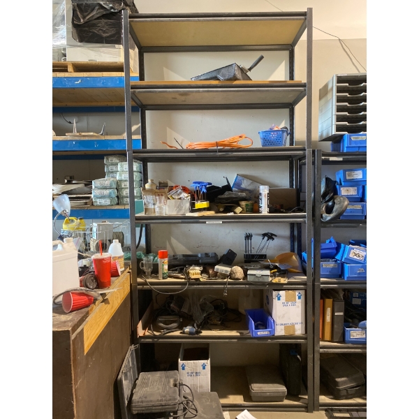 Metal Shelf With Contents Including Tools and Supplies