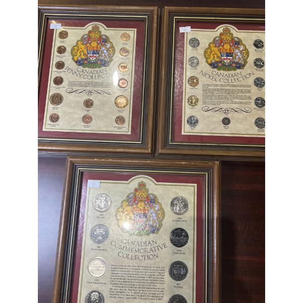 Framed Canadian Penny, Nickle and Dollar sets 