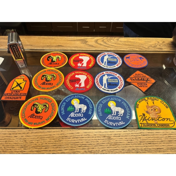 Assortment of conservation Hunter, education patches and a.m. Panasonic radio.