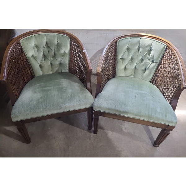 Pair of Chairs w/ Green Tufted Back Velvet and Rattan Detail 25 W, 22 D, 29 T