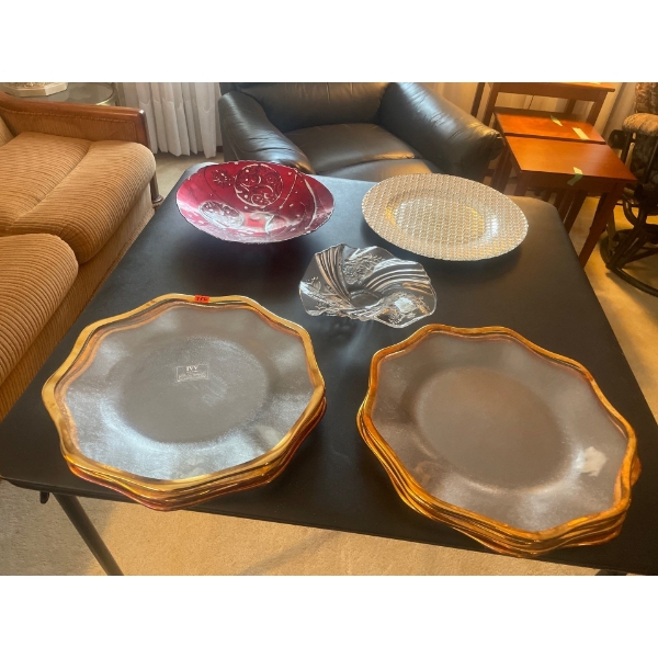 Dinner Plates, Glass with Gold Trim (8), Dinner Bowl (Red), Crystal Bowl, Ceramic Plate.