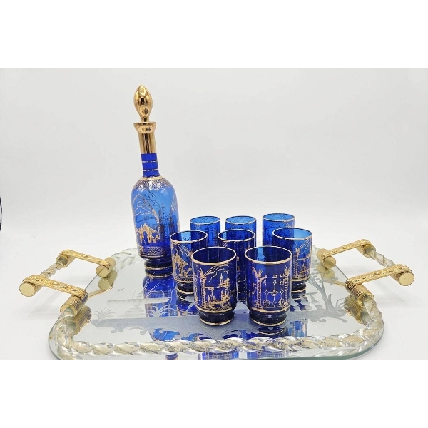 Blue and Gold Glass Decanter Set with 8 Glasses and Etched Serving Tray