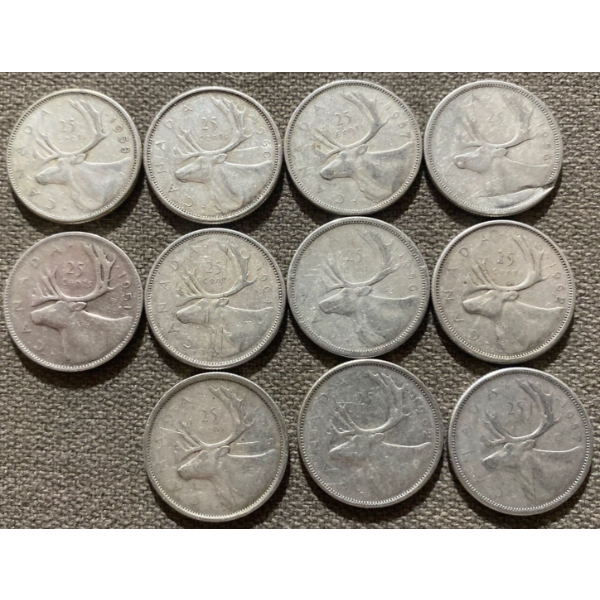 Canadian 25-cent Pieces 80% Silver 64.13 Grams